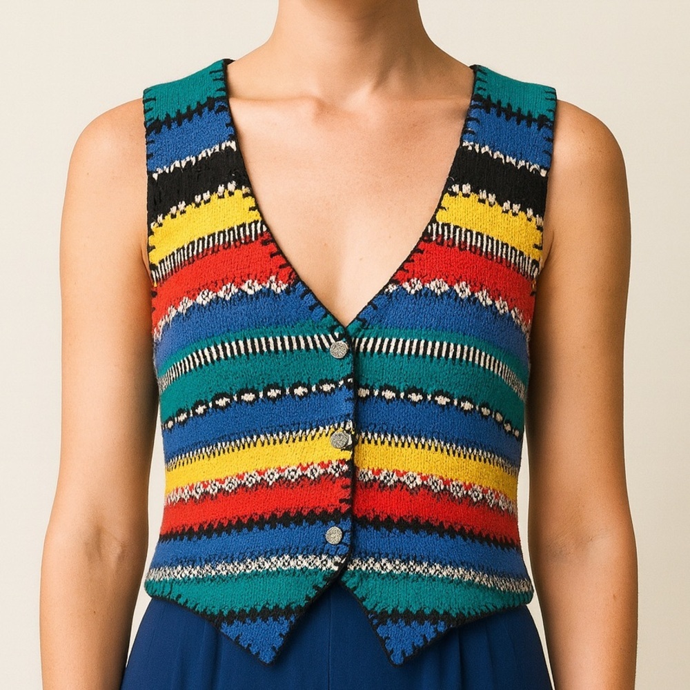 I.C Isaacs Vintage Rainbow Multicolored Knit Vest V Neck Cottagecore Medium